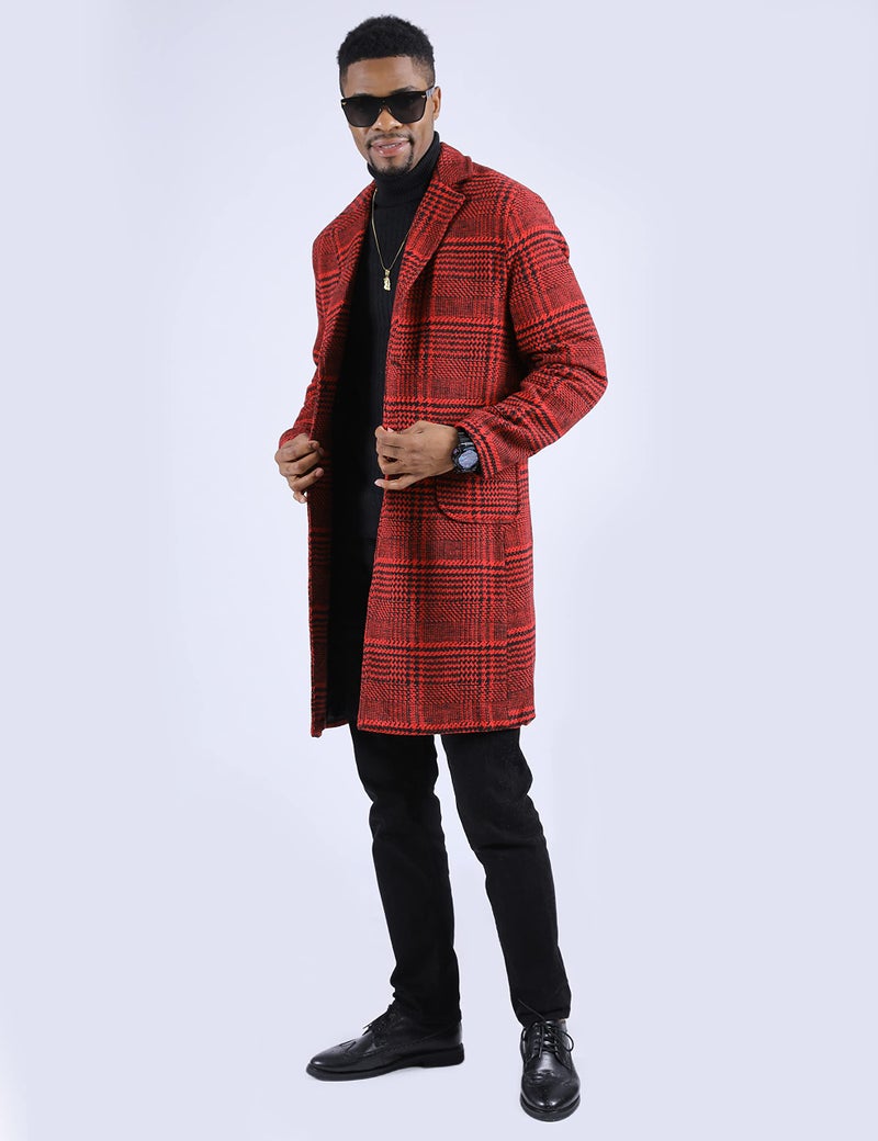 UANEO Mens Trench Coat Single Breasted Plaid Mid Long Peacoat Pea Coats (Wine Red, L) - Image 5